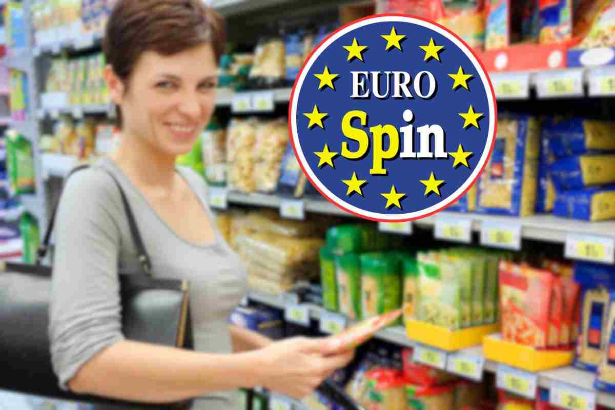 donna al supermercato che sceglie pasta e logo eurospin